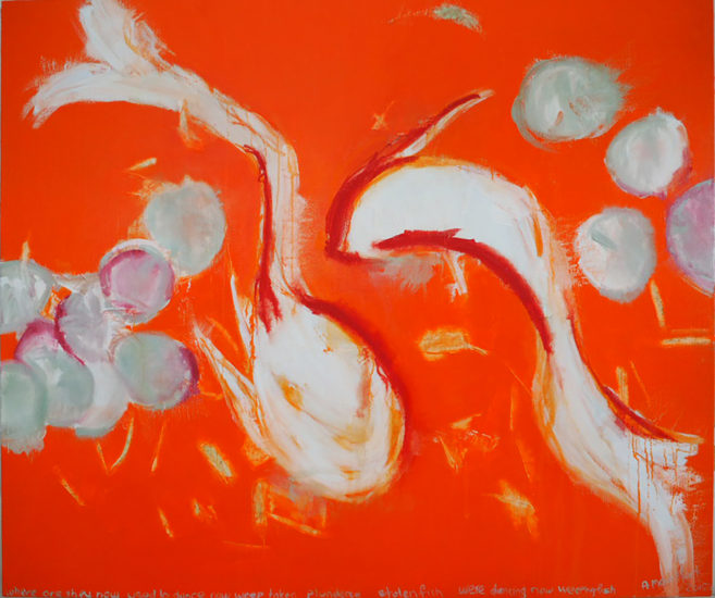 April Mountfort painting: McElhone Fish Pond, Dancing Koi, 2015