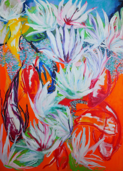 April Montfort painting: McElhone Fish Pond with Water Lilies, 2016